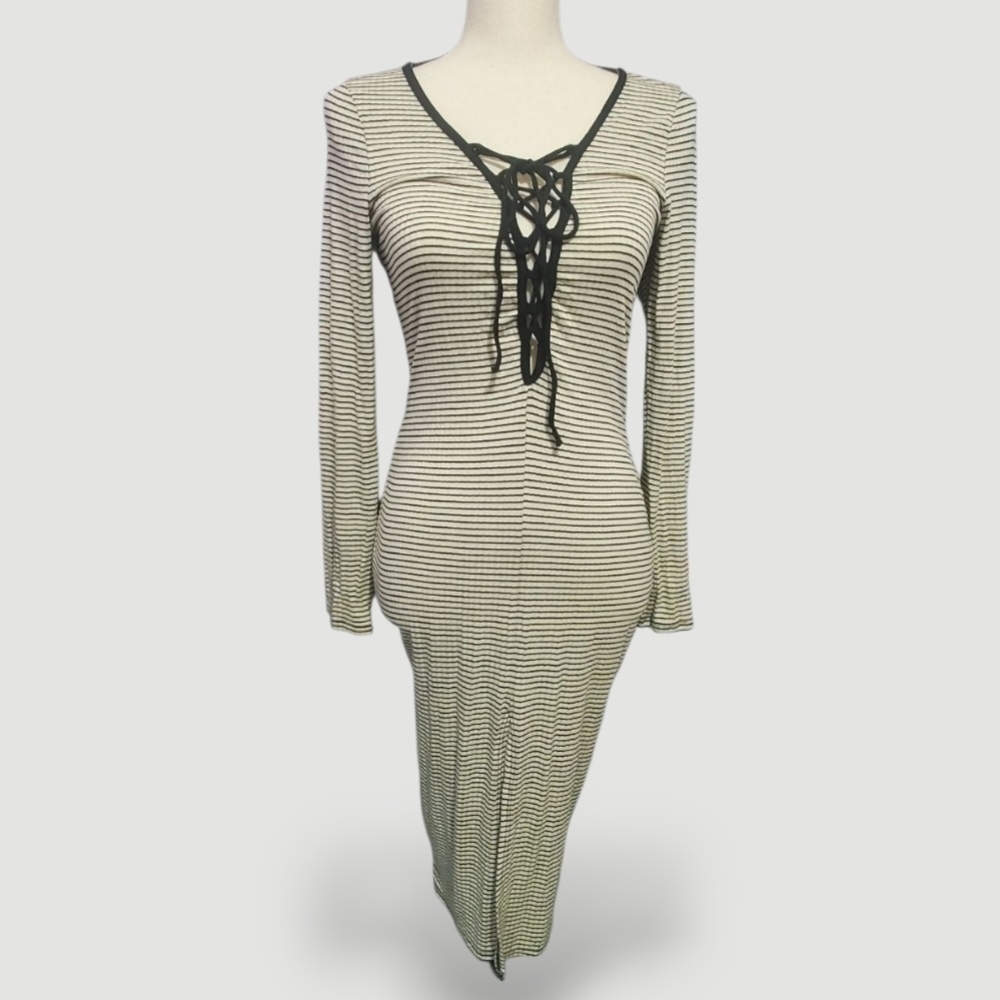 May Pink Lace-Up Striped bodycon Midi Dress NWT Size Large